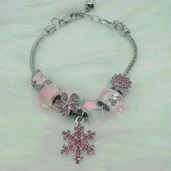 Pink Snowflake & Charms Bracelet with Sparkling Rhinestones - Picture 5 of 6